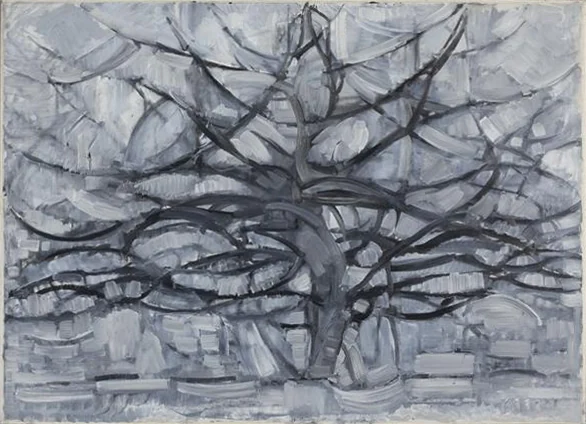 Grey and black branching lines spread across a pale background, dividing the surface into curved fragments