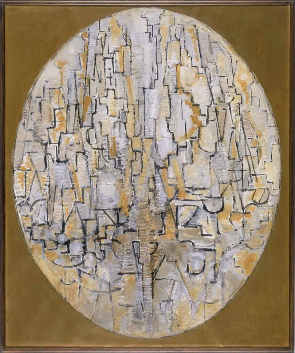 Interlocking grey, brown and black linear fragments gather within an oval field on a pale canvas