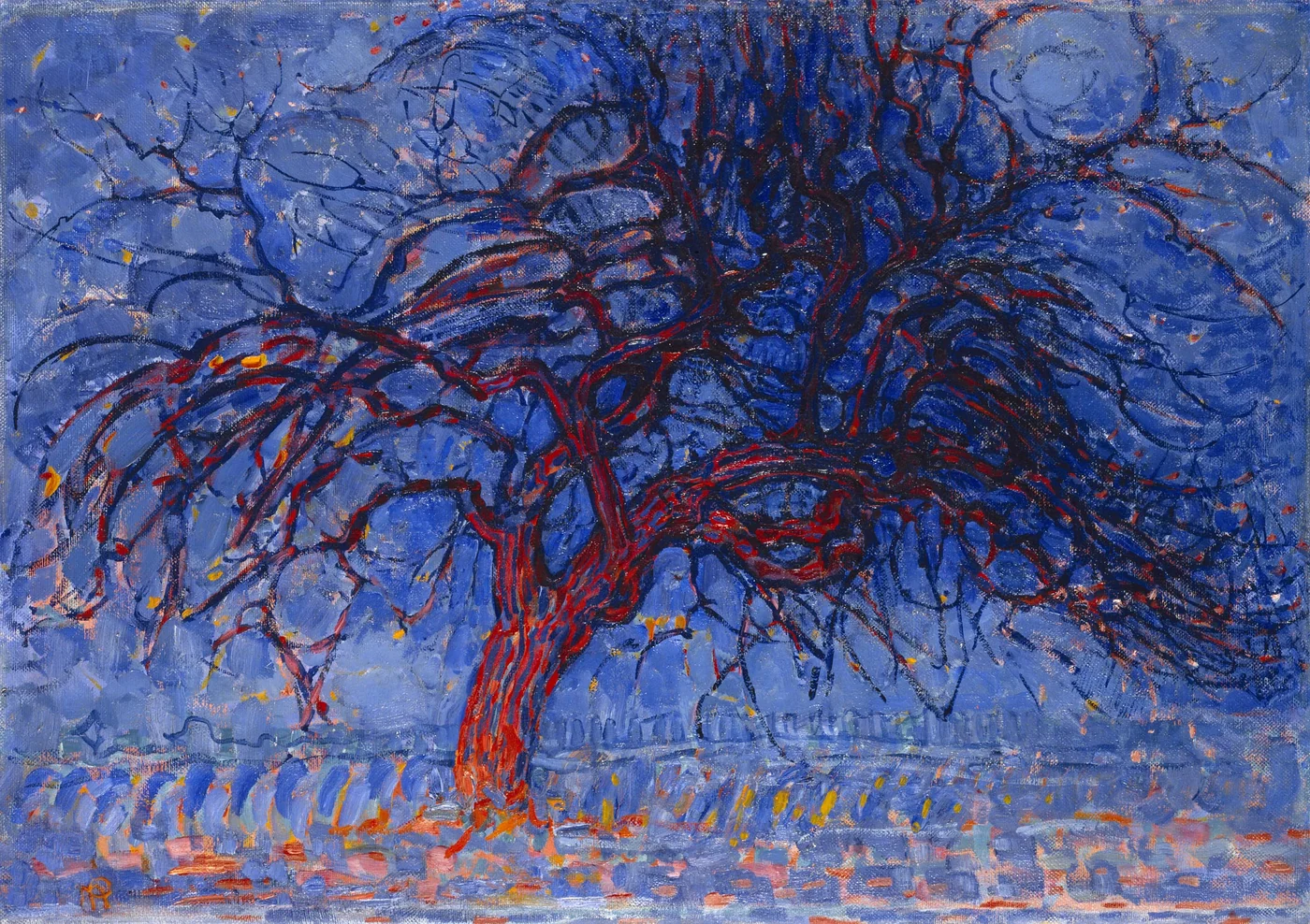 Red trunk and spreading branches against an intense blue field, with dark and red strokes below