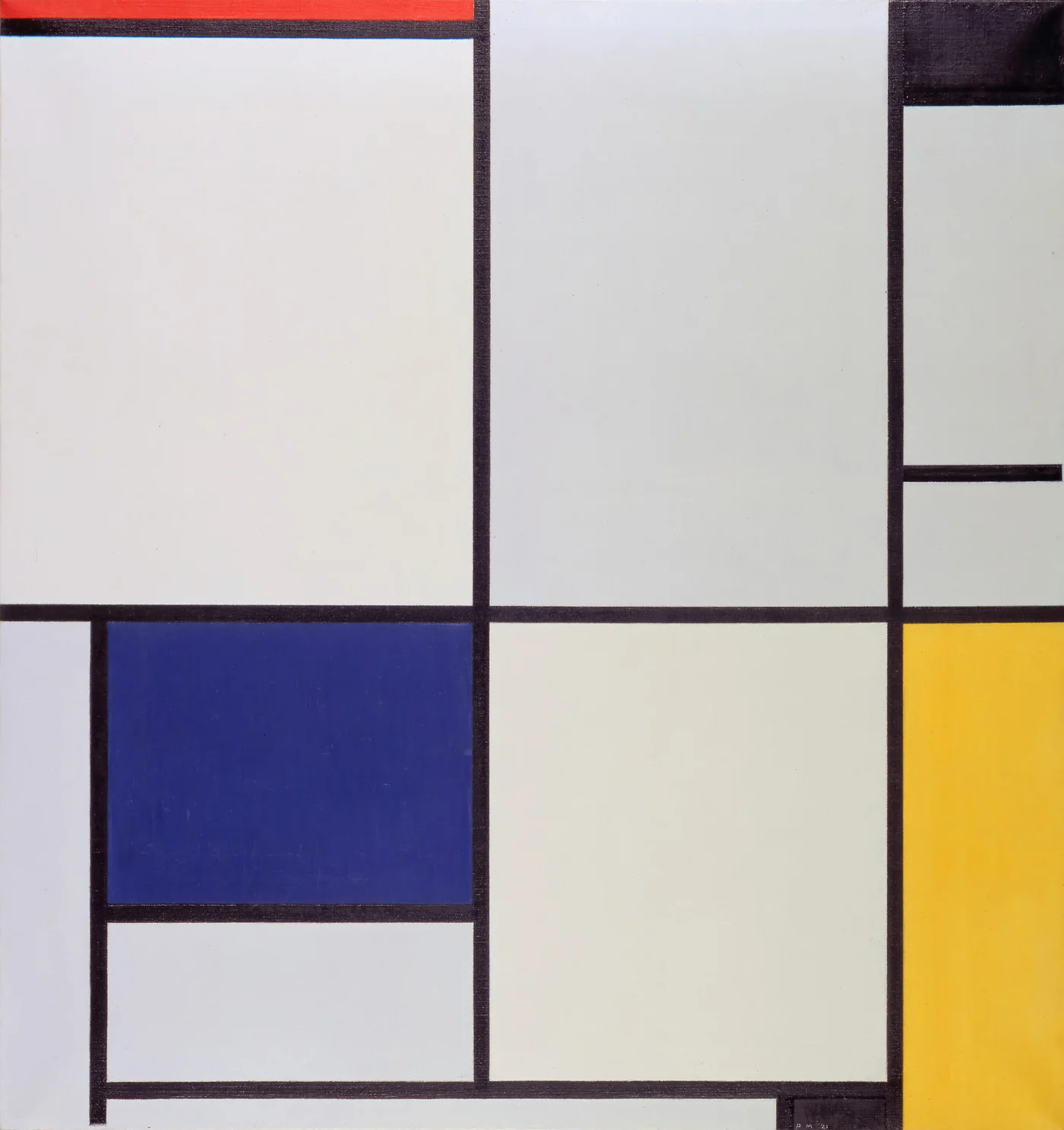 Black horizontal and vertical lines divide white and grey fields with red, blue and yellow areas
