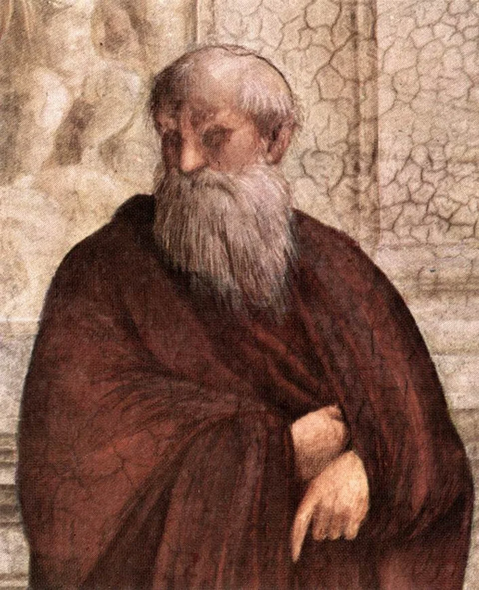 A bearded figure in a reddish cloak from Raphael's School of Athens