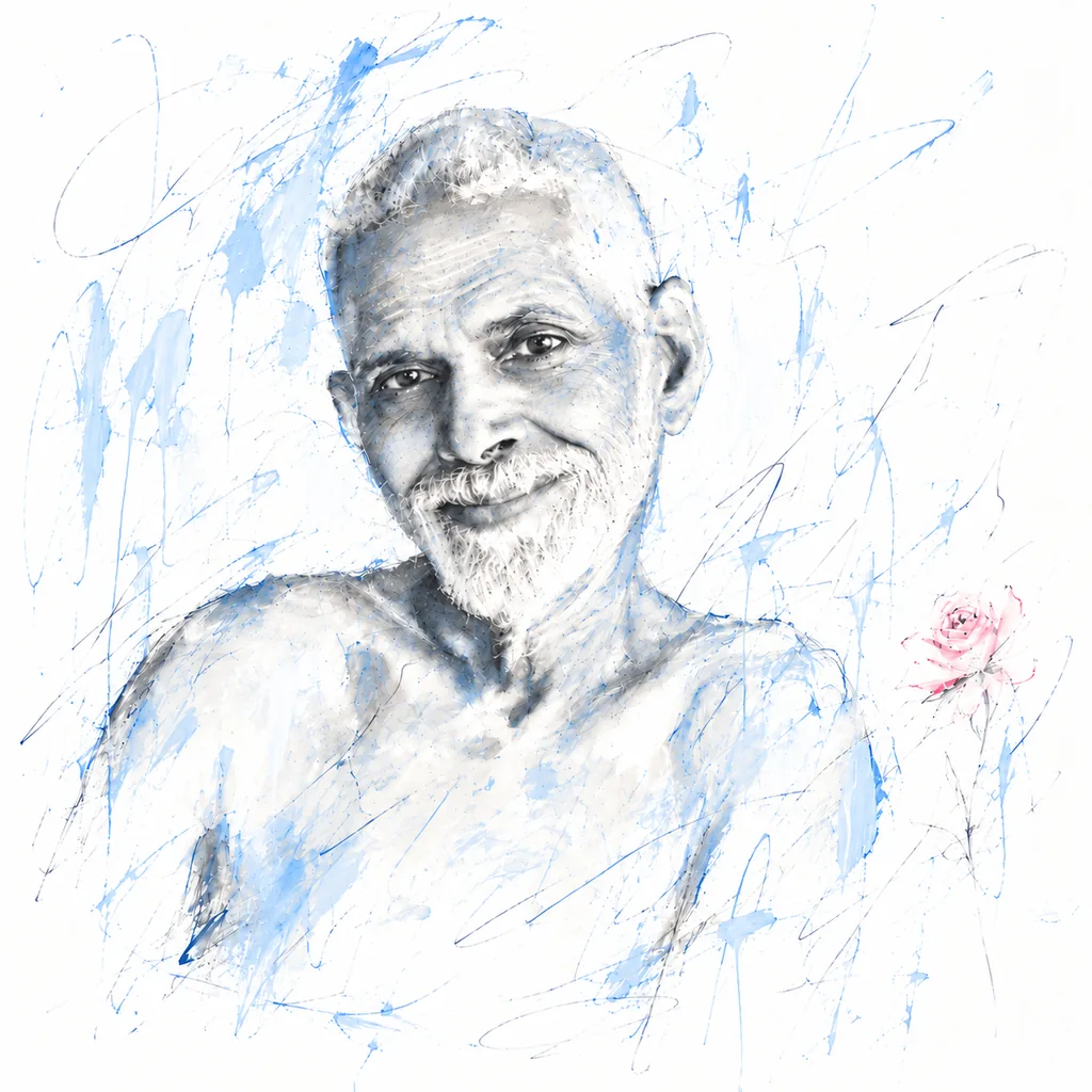 Painted portrait of Ramana Maharshi with a white beard, blue gestures and a small pink rose on white