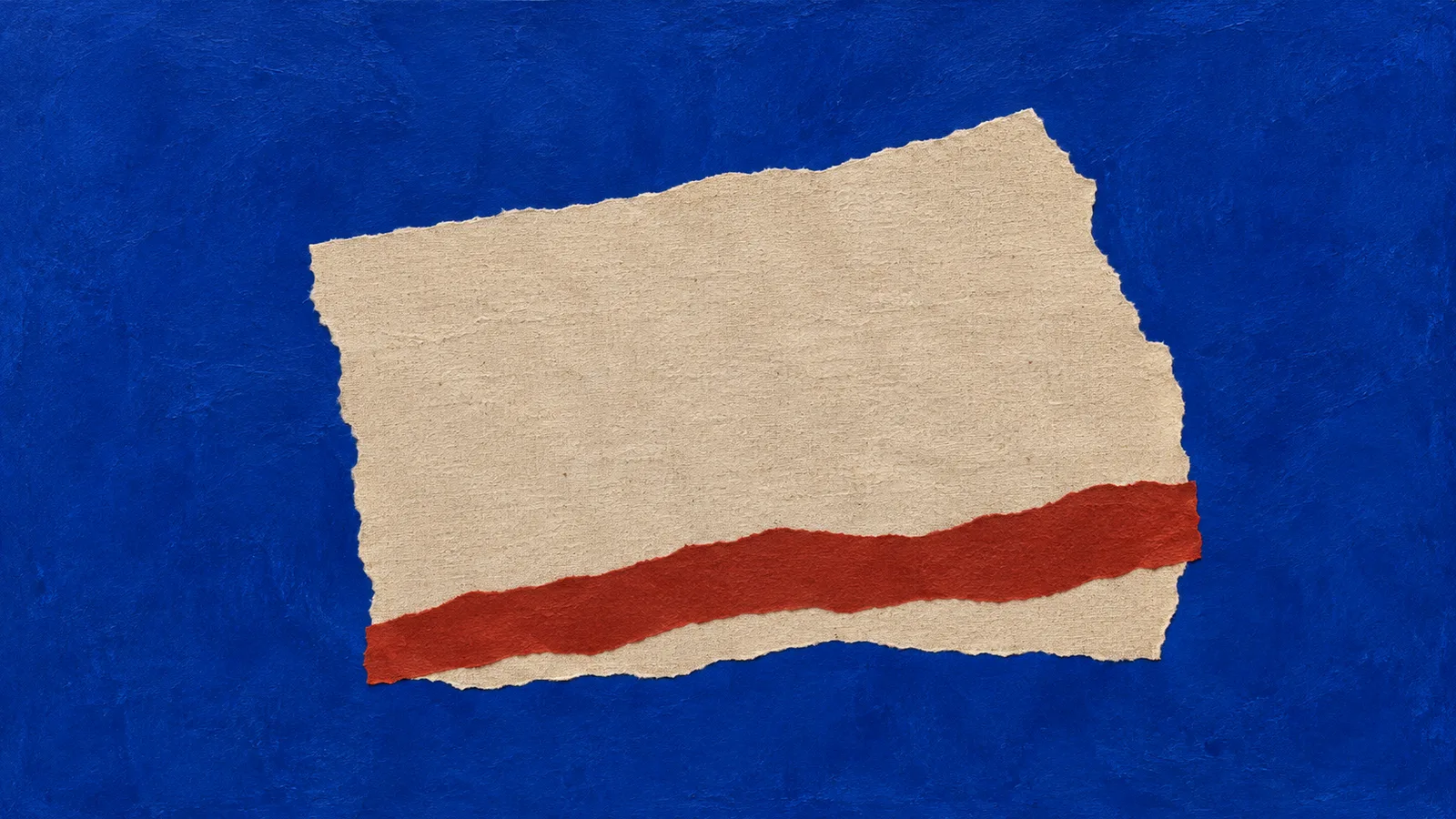 Original collage of torn linen-coloured paper crossed by a brick-red strip on a cobalt field; not a work by Robert Motherwell