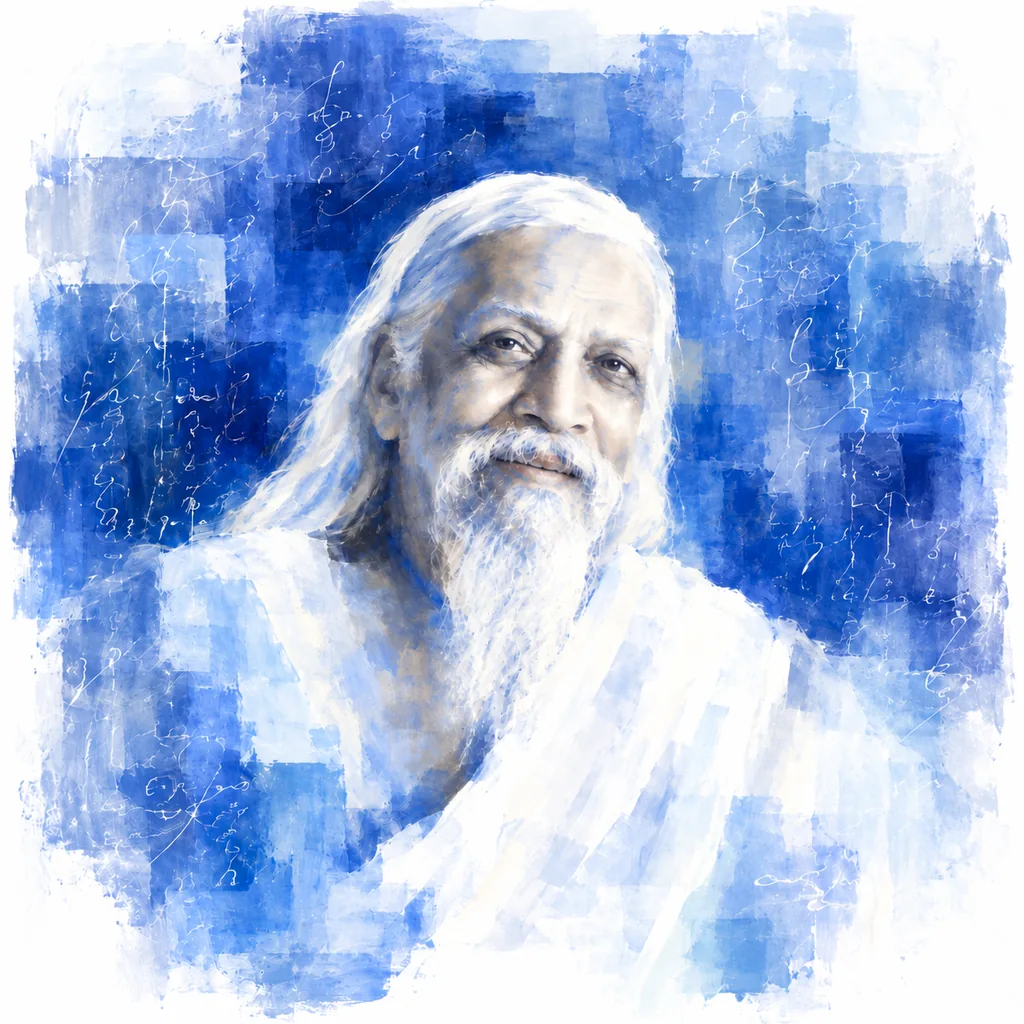 Painted portrait of Sri Aurobindo with long white hair and beard against blue brushwork and fine writing