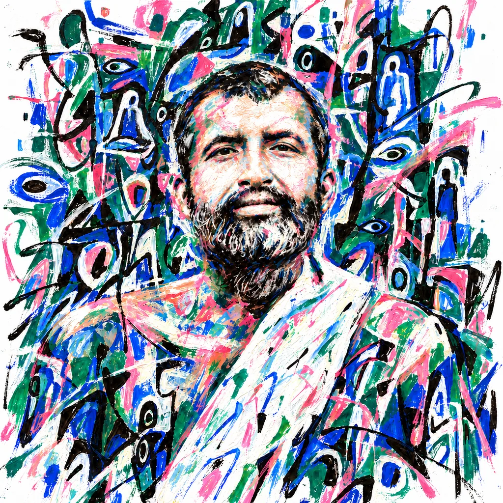 Painted portrait of Ramakrishna with a short dark beard and white drapery, surrounded by pink, blue and green marks, eyes and small outlined figures.