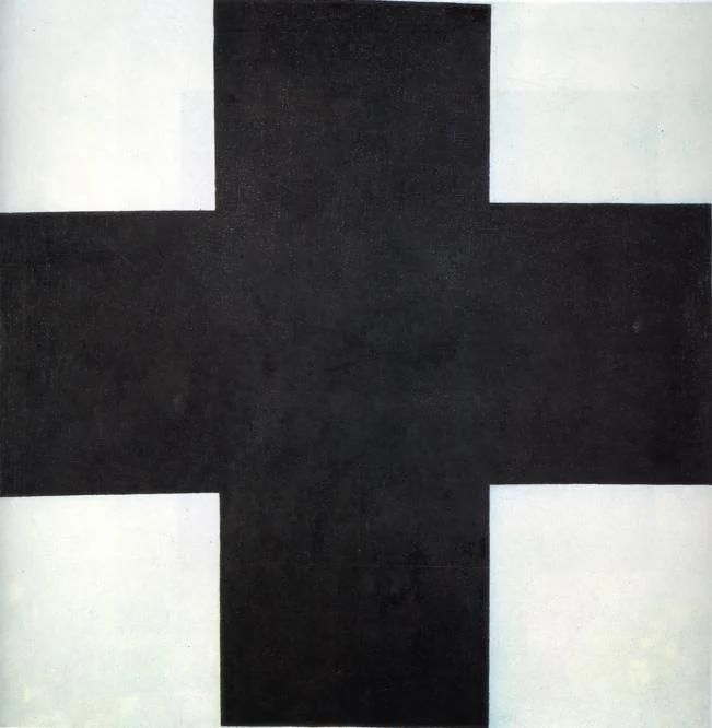 A broad black cross extends towards the edges of a pale square support