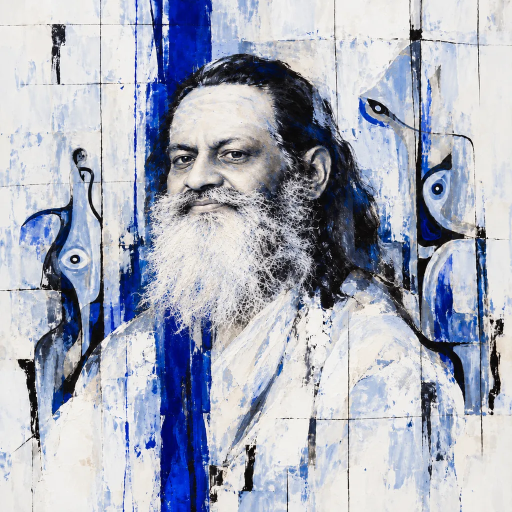 Painted portrait of Guru Dev with a long white beard and white robe, surrounded by blue and black vertical marks, eyes and small silhouettes.
