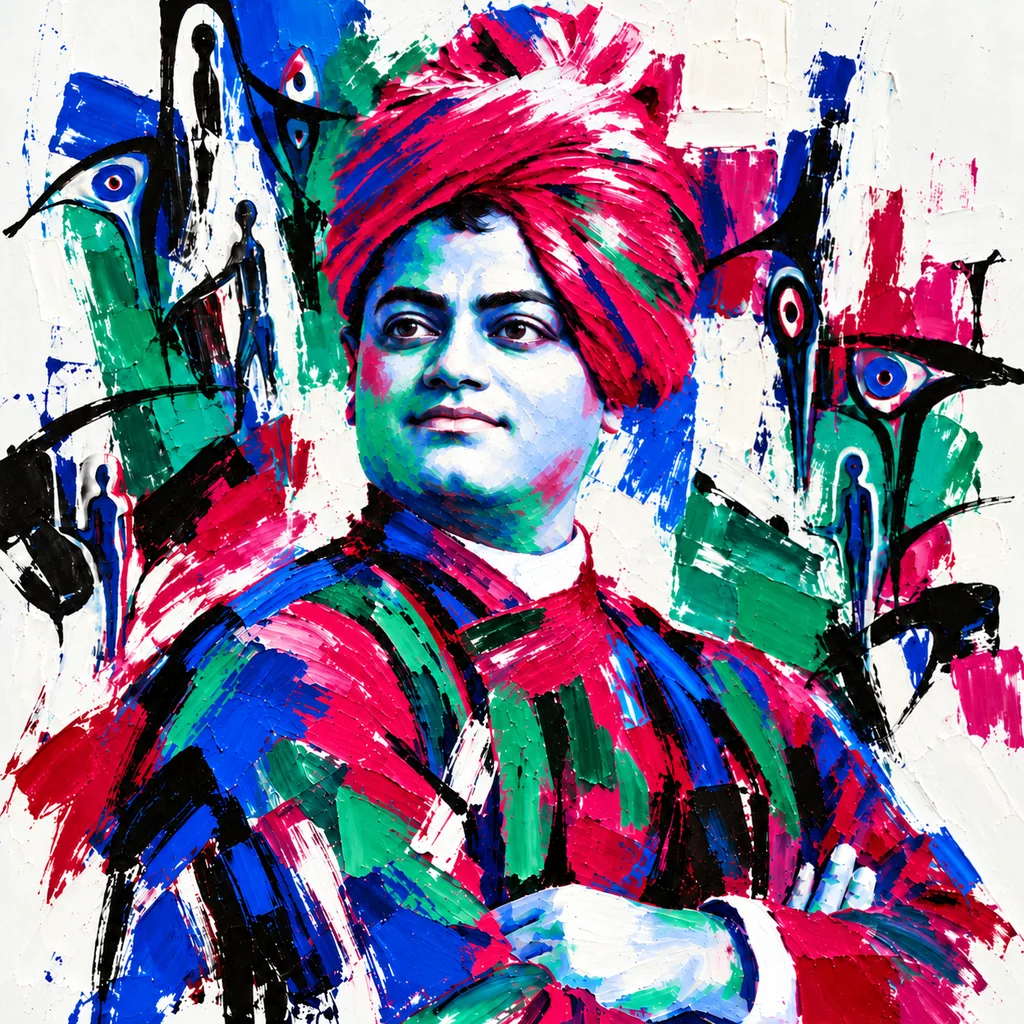 Painted portrait of Vivekananda with folded arms and a red turban, surrounded by blue, green, pink and black marks, eyes and small silhouettes.
